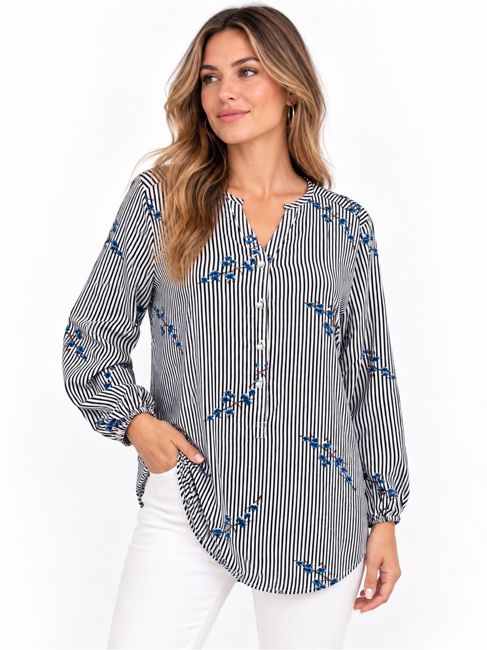 Grand & Greene Anthropologie Striped Floral Tunic Blouse NWT